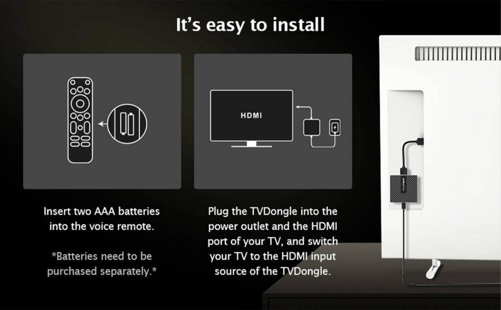 RockTek GB1 5 Voice command feature of the RockTek GB1 Android TV box, compatible with Google Assistant. The remote displays a voice command prompt, 'Find action movies,' while Chromecast built-in capability allows users to stream content from their devices to the TV screen for an all-encompassing entertainment experience.