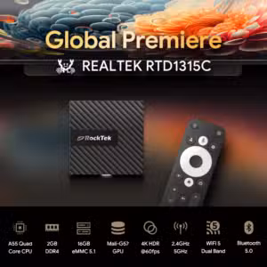 Global Premiere of RockTek GB1 Android TV box featuring the Realtek RTD1315C processor. Showcasing the device and remote, this model includes key specifications: A55 Quad-Core CPU, 2GB DDR4 RAM, 16GB eMMC 5.1 storage, Mali-G57 GPU, 4K HDR support at 60fps, dual-band WiFi (2.4GHz and 5GHz), and Bluetooth 5.0. Designed for seamless media streaming and smart home integration.