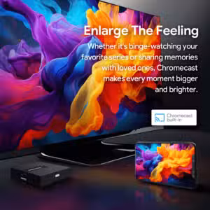 Chromecast built-in feature on the RockTek GB1 Android TV box, allowing users to cast content from their devices to their TV. The vibrant display on the screen emphasizes enhanced viewing experiences for binge-watching or sharing memories with friends and family.