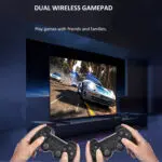 A scene with two people holding wireless game controllers playing a racing game on a large screen, emphasizing the X9 console's multiplayer capability.