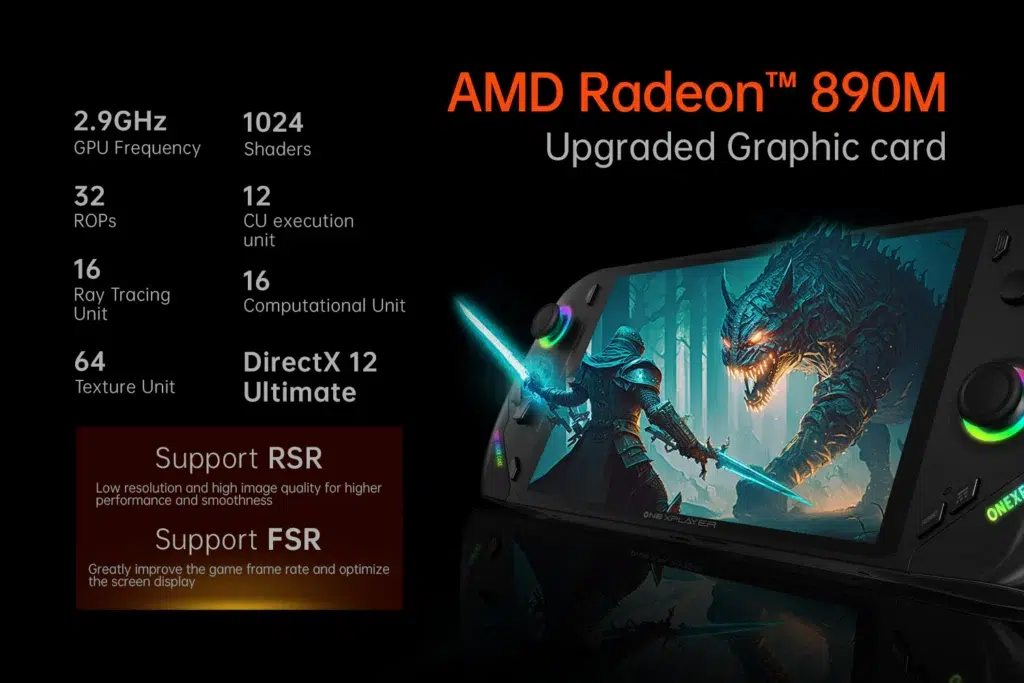 ONEXPLAYER ONEXFLY F1 Pro 3 Specifications of the AMD Radeon 890M GPU, emphasizing features like 1024 shaders, 16 ray tracing units, DirectX 12 Ultimate support, and performance optimization through RSR and FSR technologies, with an action-packed game scene displayed on the ONEXFLY F1 Pro.