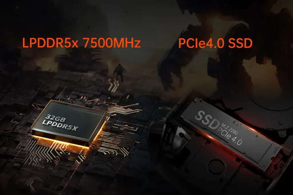 ONEXPLAYER ONEXFLY F1 Pro 5 Highlight of the ONEXFLY F1 Pro's performance features, including 32GB LPDDR5x RAM running at 7500MHz and support for PCIe 4.0 SSDs, providing high-speed gaming and data processing capabilities.