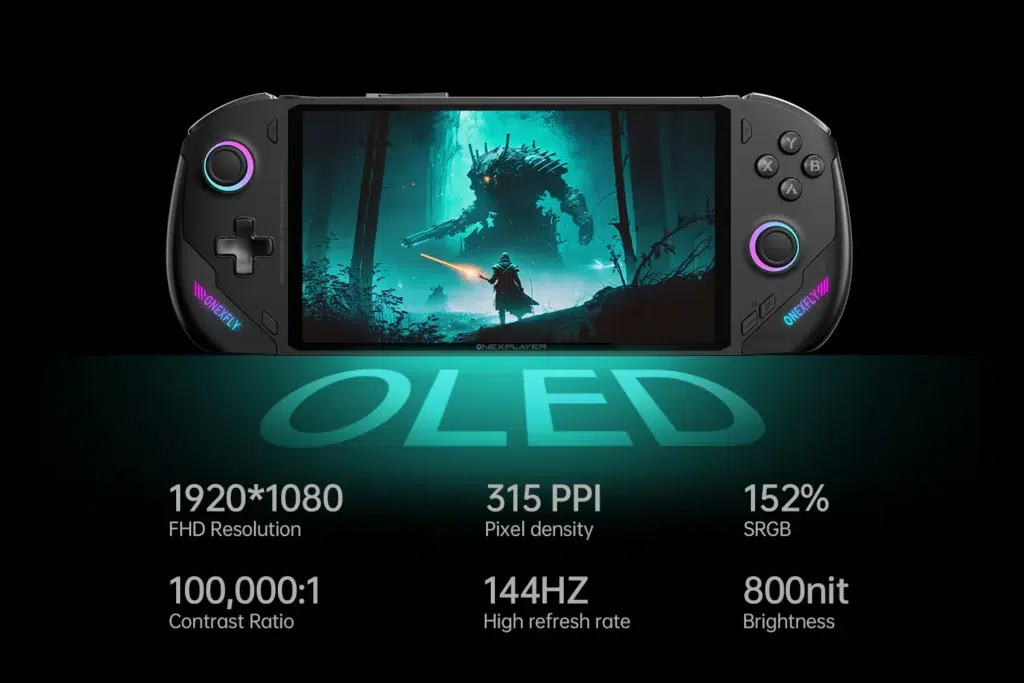 ONEXPLAYER ONEXFLY F1 Pro 4 ONEXFLY F1 Pro handheld device with an OLED display, featuring a 1920x1080 FHD resolution, 315 PPI pixel density, 144Hz refresh rate, and 800 nit brightness, providing an immersive gaming experience against a vibrant fantasy-themed game backdrop.