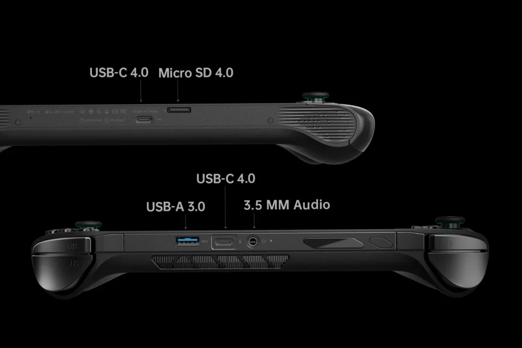 ONEXPLAYER ONEXFLY F1 Pro 10 Side and bottom views of the ONEXFLY F1 Pro, showcasing connectivity options including USB-C 4.0, USB-A 3.0, Micro SD 4.0 slot, and 3.5mm audio jack, emphasizing versatility for various peripherals.