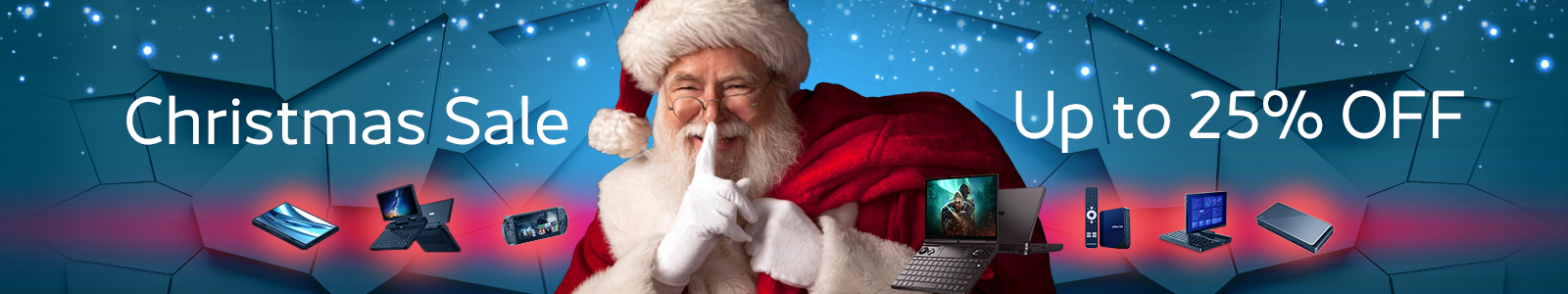 Festive banner featuring Santa Claus with a cheerful expression, holding a finger to his lips in a 'shh' gesture. Text reads 'Christmas Sale' and 'Up to 25% OFF' over a vibrant, wintery blue and red background. Various tech gadgets, including laptops, handheld devices, and accessories, are displayed below the text.