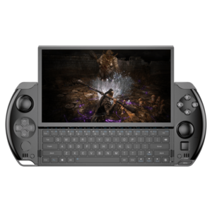 The image shows a GPD WIN 4 2025 model, a portable handheld gaming device. It features a landscape-oriented screen with game graphics displayed. The device includes integrated game controller buttons on the sides, a QWERTY keyboard below the screen, and thumbsticks for precise input. Its compact design emphasizes mobility and versatility for gaming and productivity on the go.