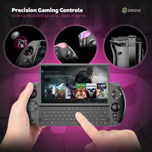 The GPD WIN 4 (2025) showcases its Precision Gaming Controls, designed for an immersive and versatile gaming experience. Key highlights include: ALPS 3D Joysticks with L3/R3 support for accurate and responsive gameplay. L1/R1 triggers featuring customizable RGB lighting for added style and functionality. 2 Programmable Back Buttons with an ergonomic 27-degree angle for seamless access during intense gaming sessions. The image also emphasizes the slide-up QWERTY keyboard, perfect for chatting and multitasking in-game, paired with a vivid display showing Assassin’s Creed Valhalla and a comprehensive game library. The tagline reinforces the advanced control options, making the device an ideal portable gaming companion.