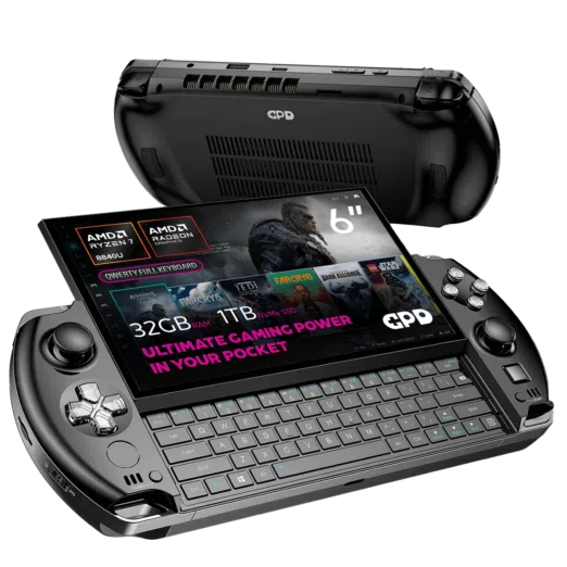 A close-up of the GPD WIN 4 (2025), highlighting the AMD Ryzen 7 8840U processor and AMD Radeon 780M Graphics. It features 32GB RAM and a 1TB NVMe SSD. The tagline reads, "Ultimate Gaming Power in Your Pocket", emphasizing its portable design.