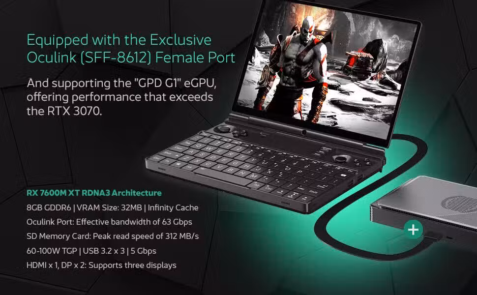 An image of the GPD Win Max 2 (2024) gaming laptop connected to the GPD G1 Oculink eGPU. The GPD Win Max 2 is shown with its sleek, compact design, backlit keyboard, and large display. The GPD G1 Oculink is positioned next to it, connected via a high-speed Oculink cable, enhancing the gaming performance with its powerful external graphics card.