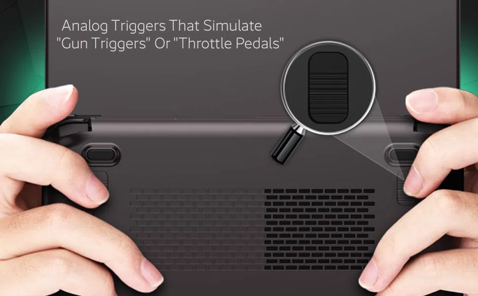 An image of the GPD Win Max 2 (2024) gaming laptop, focusing on its analog triggers. The close-up view shows the ergonomic triggers on the device, designed to provide precise control and sensitivity for gaming, enhancing the overall gameplay experience