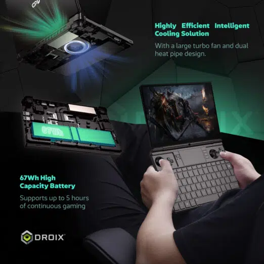 Infographic showcasing the GPD Win Max 2 2025’s efficient cooling system with a large turbo fan and dual heat pipe design. Includes details on its 67Wh high-capacity battery, supporting up to 5 hours of continuous gaming.
