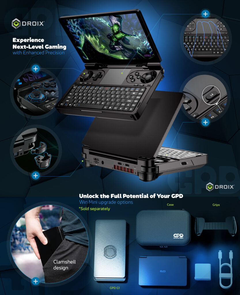 GPD WIN Mini 2025 9 A detailed overview of the GPD Win Mini 2025, highlighting its Hall Effect joysticks, detachable triggers, programmable macro keys, and multi-touch touchpad. Includes upgrade options like a clamshell protective case, grips, and the GPD G1 eGPU dock (sold separately) to unlock its full potential.