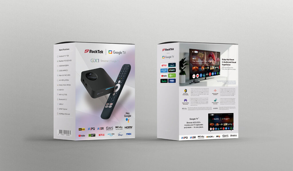 RockTek GX1 2 A dual-sided view of the RockTek GX1 packaging box, showcasing its sleek design and highlighting key features. The front side displays the device and Bluetooth remote with icons for supported features like Dolby Vision, Dolby Atmos, WiFi 6, and HDMI. The back side illustrates the Google TV interface on a large screen, emphasizing its support for streaming apps like Netflix, Prime Video, Hulu, and YouTube, along with advanced specifications and smart features.