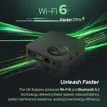 A sleek RockTek GX1 set-top box surrounded by green motion lines, promoting its advanced WiFi 6 and Bluetooth 5.2 technologies for faster and more efficient connectivity.