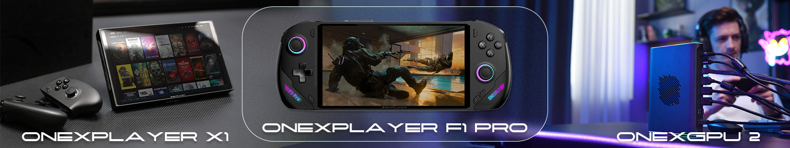 A promotional banner featuring ONEXPLAYER devices, including the X1, F1 Pro handheld gaming device, and the ONEXGPU 2, displayed with vibrant lighting and gaming setups.