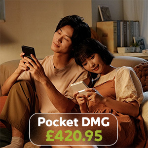 A cozy scene of a couple relaxing and using Pocket DMG devices, with a price tag of £420.95 displayed on the image.