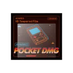 AYANEO-DMG-SCREEN-PROTECTOR-DONE-01 AYANEO Pocket DMG Screen Protector packaging with a retro-themed design featuring an illustration of a handheld gaming console and the text 'AYANEO HD Tempered Film' in vibrant colors.