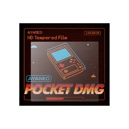 AYANEO-DMG-SCREEN-PROTECTOR-DONE-01 AYANEO Pocket DMG Screen Protector packaging with a retro-themed design featuring an illustration of a handheld gaming console and the text 'AYANEO HD Tempered Film' in vibrant colors.