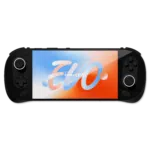 AYANEO Pocket EVO handheld gaming console with a sleek black design and a vibrant 7-inch OLED display showcasing the AYANEO Pocket EVO logo in a dynamic red, white, and blue gradient.