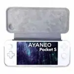"AYANEO Pocket S Case open, revealing the inner lining designed to prevent scratches, with the device securely placed inside for optimal protection.