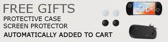 Promotional banner offering free gifts with the AYANEO Pocket EVO purchase, including a protective case and screen protector. The case color is matched to the device and items are automatically added to the cart. The banner features images of the device, black and white protective cases, and a screen protector.