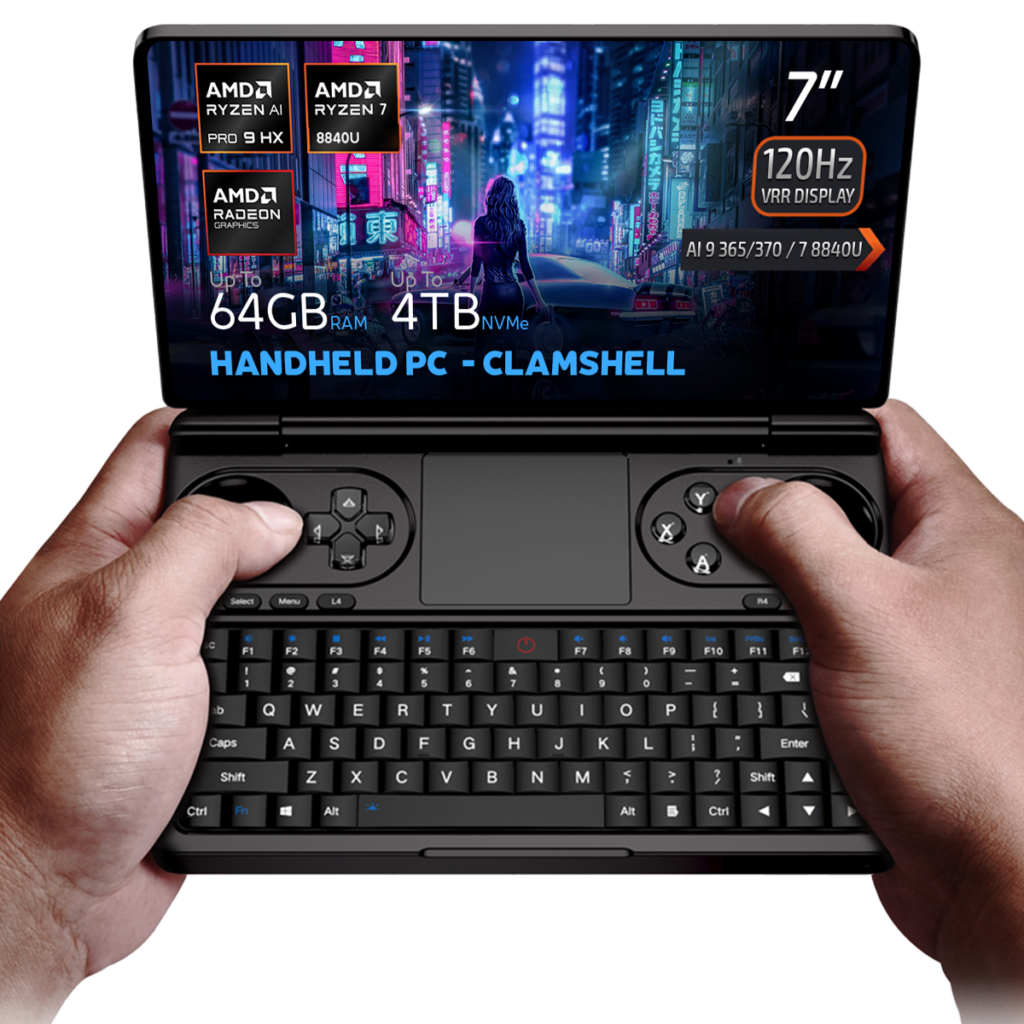 Hands holding the GPD Win Mini 2025, a versatile clamshell handheld PC featuring a 7-inch 120Hz VRR display, AMD Ryzen AI Pro 9 HX and Ryzen 7 8840U processor options, AMD Radeon Graphics, up to 64GB RAM, and up to 4TB NVMe storage, presented with a cyberpunk-themed cityscape in the background.