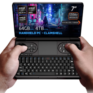 Hands holding the GPD Win Mini 2025, a versatile clamshell handheld PC featuring a 7-inch 120Hz VRR display, AMD Ryzen AI Pro 9 HX and Ryzen 7 8840U processor options, AMD Radeon Graphics, up to 64GB RAM, and up to 4TB NVMe storage, presented with a cyberpunk-themed cityscape in the background.