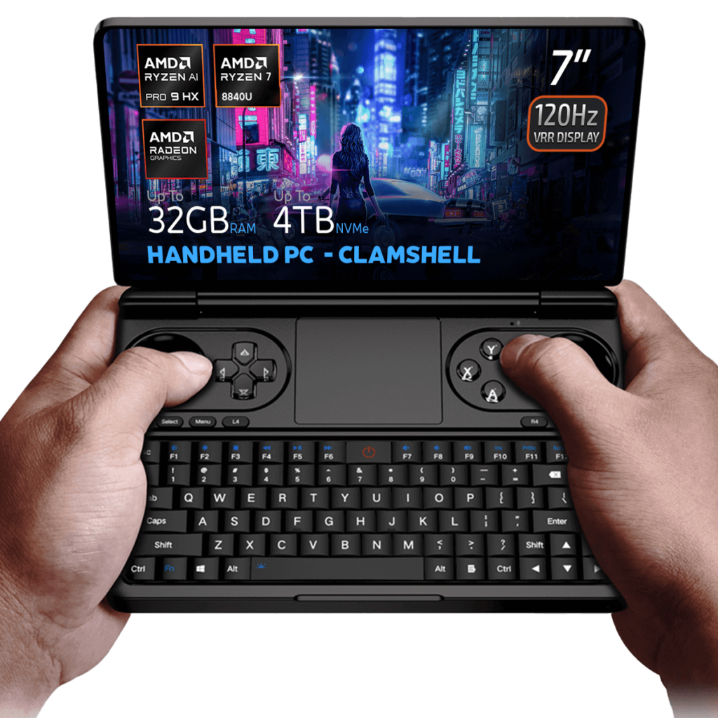 Hands holding the GPD Win Mini 2025, a clamshell handheld PC with a 7-inch 120Hz VRR display, powered by AMD Ryzen AI 9 HX 365/370 or Ryzen 7 8840U processors. Featuring up to 64GB RAM and 4TB NVMe storage, it is optimized for gaming and productivity with Hall Effect joysticks, a full QWERTY keyboard, and stunning cyberpunk-themed visuals on the screen.