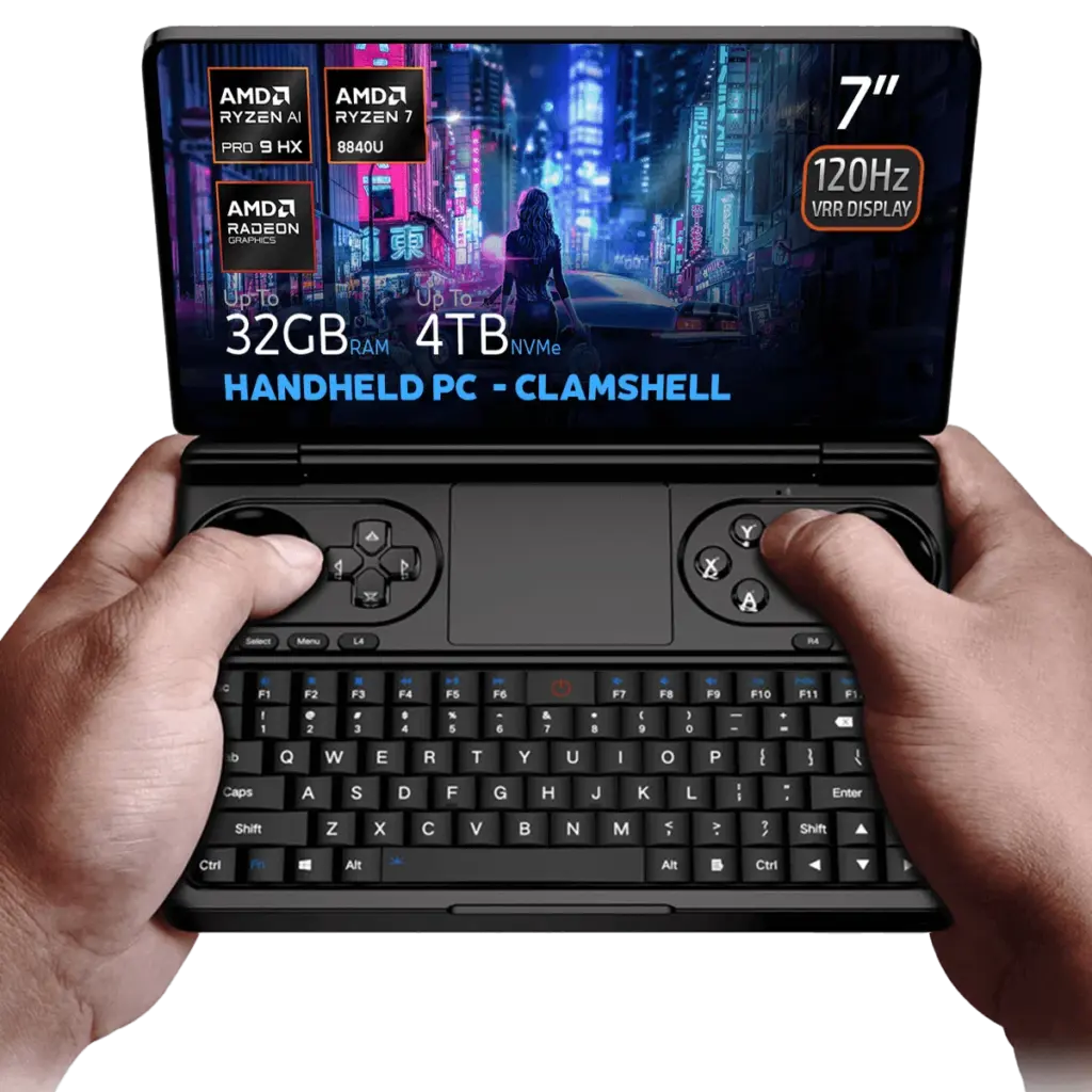Hands holding the GPD Win Mini 2025, a clamshell handheld PC with a 7-inch 120Hz VRR display, powered by AMD Ryzen AI 9 HX 365/370 or Ryzen 7 8840U processors. Featuring up to 64GB RAM and 4TB NVMe storage, it is optimized for gaming and productivity with Hall Effect joysticks, a full QWERTY keyboard, and stunning cyberpunk-themed visuals on the screen.