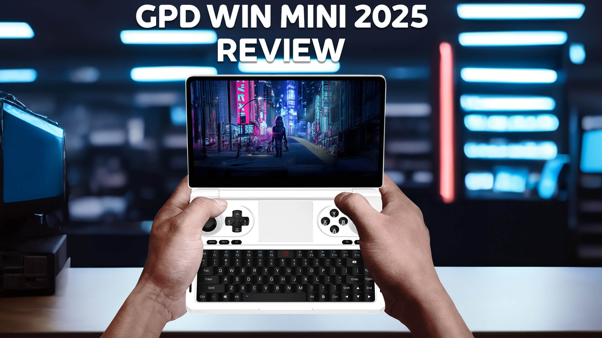 (GPD WIN MINI 2025 Review): A lifestyle shot of a person holding the GPD WIN Mini 2025 in a bright gaming setup. The device features a 7-inch display, full QWERTY keyboard, and gaming controls. The screen shows a vibrant cyberpunk-style background with text overlay: "GPD WIN MINI 2025 REVIEW."