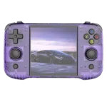 A front-facing view of the R46S gaming handheld in a transparent purple design. The layout includes a D-pad, analog sticks, colorful XYAB buttons, and the screen displaying a sports car against a scenic backdrop.
