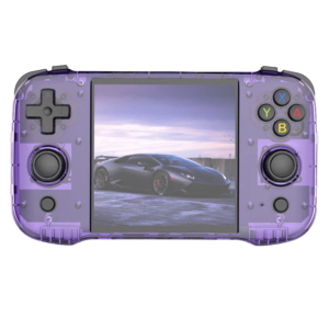 A front-facing view of the R46S gaming handheld in a transparent purple design. The layout includes a D-pad, analog sticks, colorful XYAB buttons, and the screen displaying a sports car against a scenic backdrop.