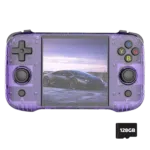 R46S-PURPLE-LISTING-DONE-128GB-01 A purple transparent R46S gaming console with colorful buttons, featuring a sports car on the screen and a "128GB" microSD card icon in the corner.