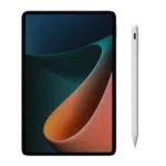 Tablet with a black frame and a vibrant screen displaying an abstract gradient design in green, blue, and orange hues, accompanied by a white capacitive stylus with a smooth, minimalist design.