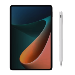 Tablet with a black frame and a vibrant screen displaying an abstract gradient design in green, blue, and orange hues, accompanied by a white capacitive stylus with a smooth, minimalist design.