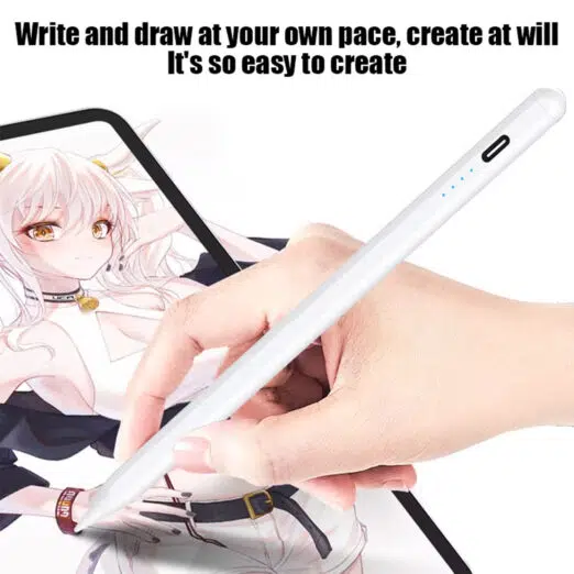 A hand uses a white stylus pen to draw or write on a tablet screen displaying an anime-style image. The text reads, "Write and draw at your own pace, create at will."