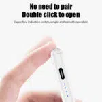 Close-up view of the white capacitive stylus with a fingertip double-tapping its capacitive induction switch, showcasing the text: 'No need to pair. Double click to open. Simple and smooth operation.
