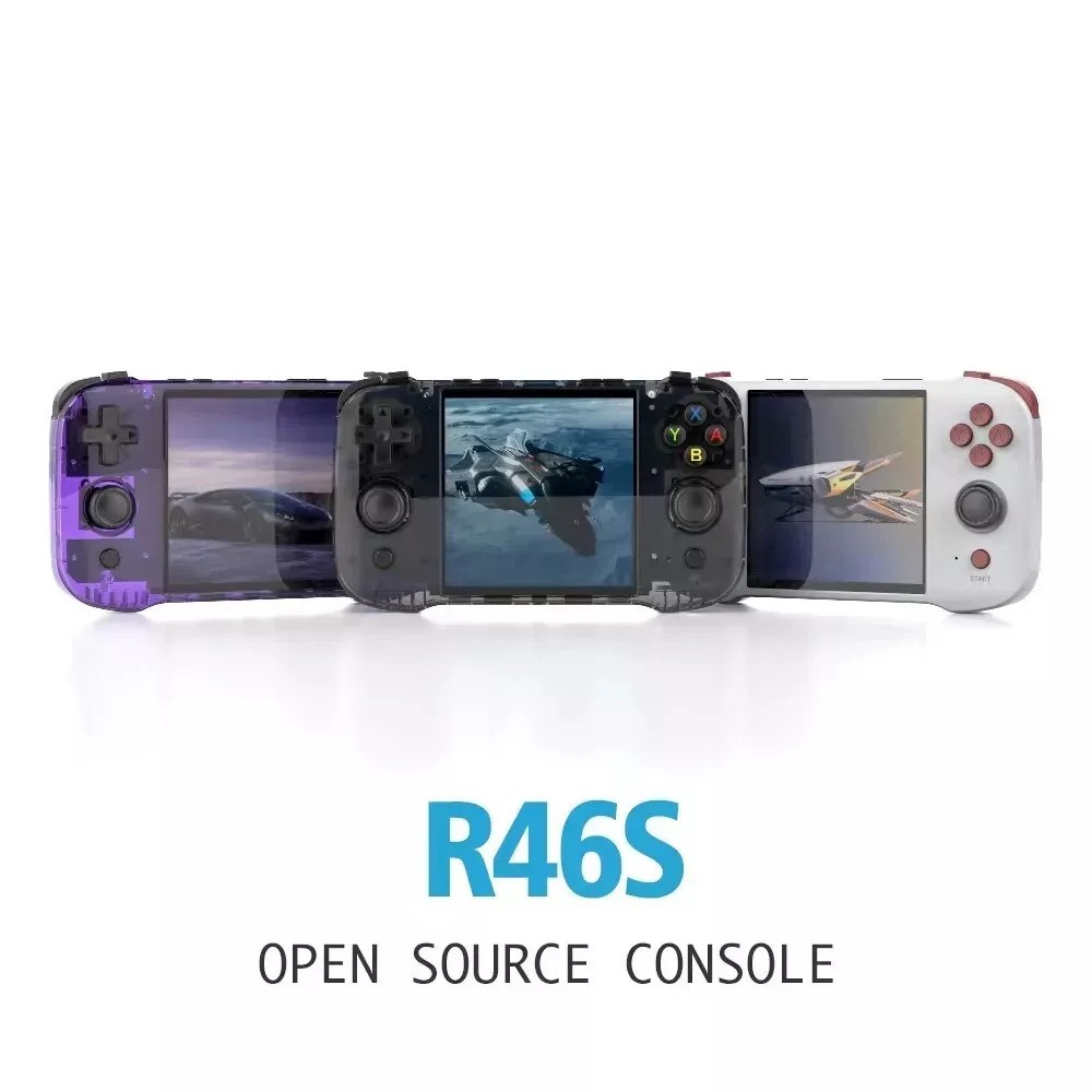 A lineup of R46S consoles in purple, black, and white variations, each displaying different visuals on their screens, accompanied by the text "R46S OPEN SOURCE CONSOLE."