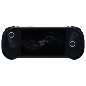 A black AYANEO 3 handheld gaming console with illuminated analog sticks and standard gaming buttons, displaying a sleek startup screen with a dark background and swirling blue and purple particle effects. The text "AYANEO 3" appears at the center of the screen.