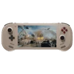 AYANEO-3-RETRO-DONE-LISTING-IMAGE-1 A front-on view of the light beige/sand-colored AYANEO 3 handheld gaming console against a black background. The screen displays an intense military action scene with explosions, helicopters, and tanks on a battlefield. The controls feature light beige analog sticks and D-pad, with red/purple face buttons on the right.