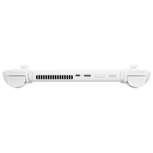 A white AYANEO 3 handheld gaming console shown from the top, featuring shoulder buttons, triggers, a USB-C port, a volume rocker, a power button, a vent for cooling, and a 3.5mm headphone jack.