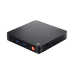 A compact Beelink T5 Mini PC with a black finish, Intel branding, USB 3.0 ports, a headphone jack, a power button, and ventilation on the sides.