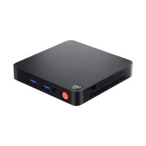 A compact Beelink T5 Mini PC with a black finish, Intel branding, USB 3.0 ports, a headphone jack, a power button, and ventilation on the sides.
