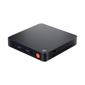 A compact Beelink T5 Mini PC with a black finish, Intel branding, USB 3.0 ports, a headphone jack, a power button, and ventilation on the sides.