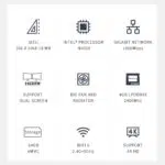 Specification chart of the Beelink T5, featuring an Intel N4020 processor, 4GB LPDDR4X RAM, 64GB eMMC storage, dual-screen support, 4K HD output, WiFi 5, Gigabit Ethernet, and an efficient cooling system.