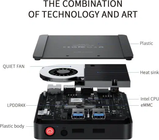 An exploded view of the Beelink T5, showing internal components like a heat sink, a cooling fan, Intel CPU, LPDDR4X RAM, and eMMC storage.