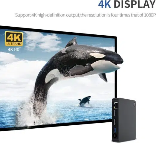Beelink T5 connected to a 4K display, demonstrating its support for ultra-high-definition resolution.