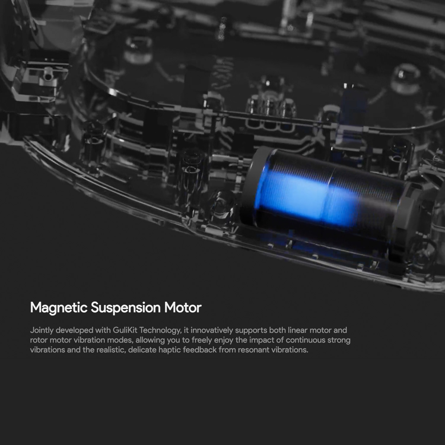 AYANEO 3 5 An internal view of a device, showcasing a "Magnetic Suspension Motor." The motor is a cylindrical component with a bright blue glow in its center, set within a complex circuit board or internal structure rendered in dark tones.