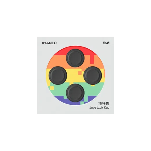 AYANEO joystick caps set in black, designed for AYANEO Pocket Micro and DMG models. The packaging features a pixelated rainbow background with four circular joystick caps visible through a transparent window. The AYANEO logo is displayed at the top left, and the text 'Joystick Cap' along with Chinese characters is printed on the bottom right.