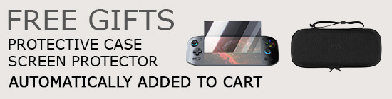 Promotional banner for free gifts with the purchase of an AYN Odin 2 Portal. The banner highlights a free protective case and screen protector, which are automatically added to the cart. The image includes visuals of the AYN Odin 2 Portal with a screen protector being applied and a black protective carrying case.